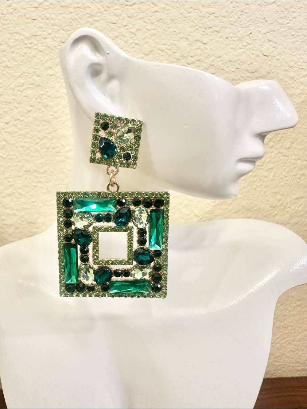 Crystal Emerald Green Square Drop Earrings